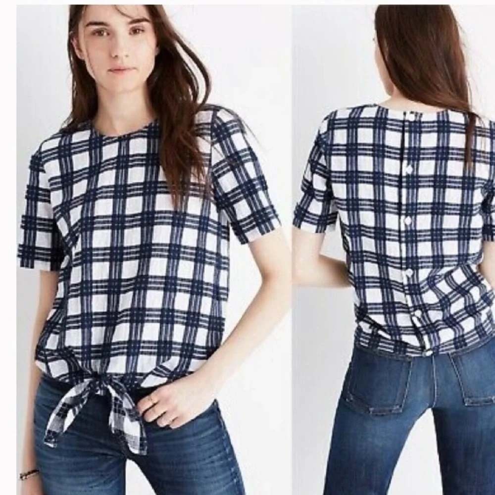 Madewell Womens Small Navy Blue White Plaid Tie Front Button Back Top G2075